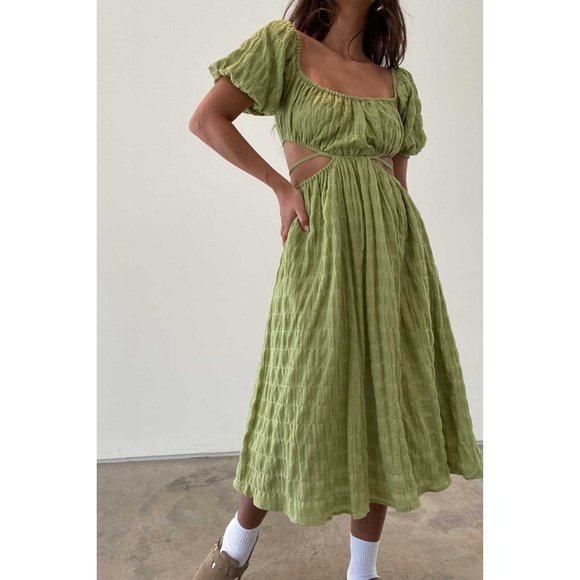 Spring Style Green Matcha Cut-Out Midi Dress 100% Cotton - Picture 2 of 11